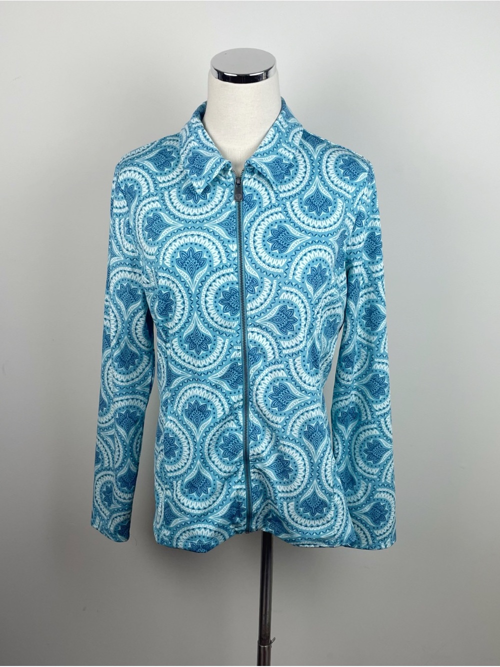Sigrid Olsen Blue White Floral Bohemian Golf Tennis Full Zip Athletic Jacket